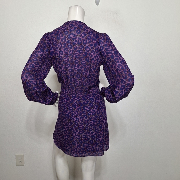 Parker Purple 100% Silk Leopard Print Mobwife Maxamalism Faux Wrap Mini Dress- S - Picture 7 of 15
